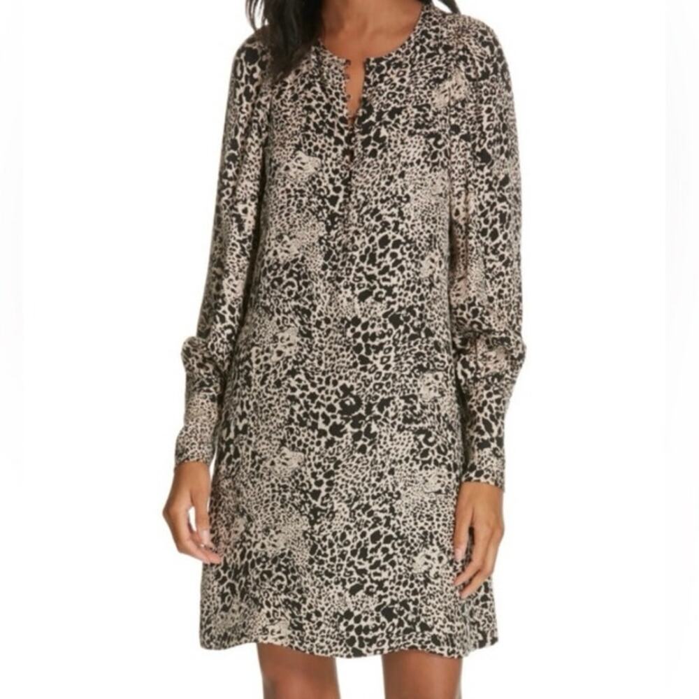 Rebecca Taylor Leopard 100% Silk A-Line Long Sleeve Button Up Shift Dress Size 8